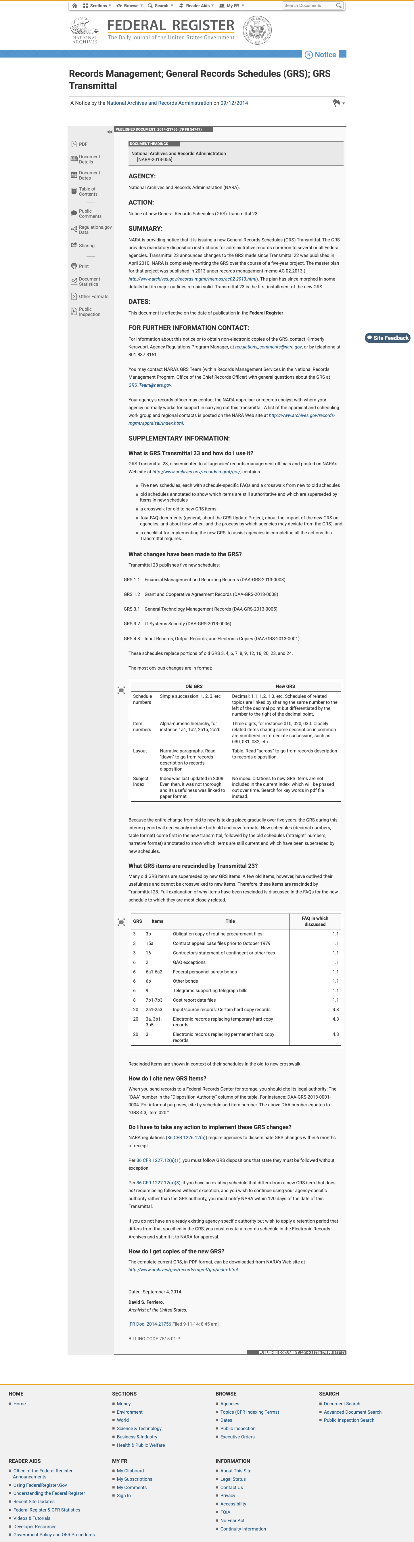 美国联邦公报:文件管理;通用文件处置表(GRS)第23号传发单 的放大档案快照