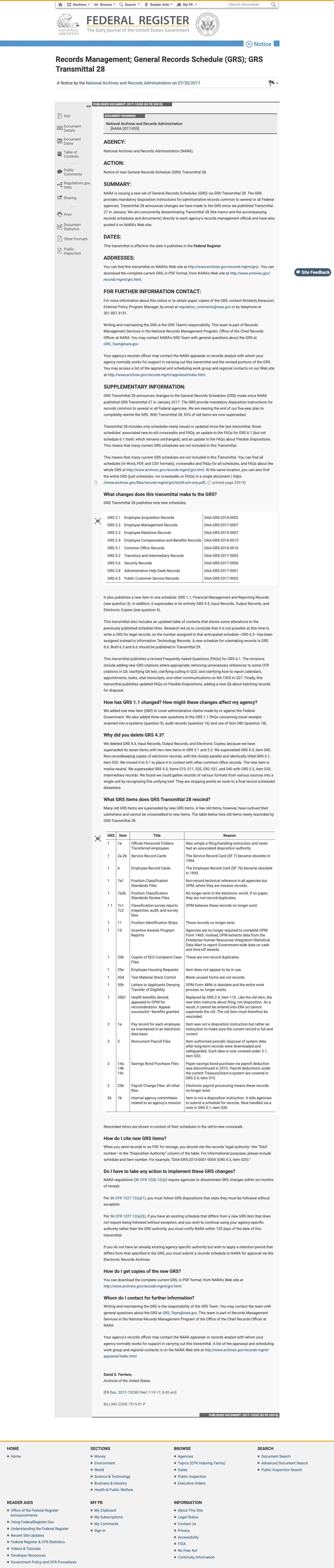 文件管理:通用文件处置表(GRS)第28号传送通知 的放大档案快照